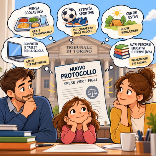 Illustrazione del nuovo Protocollo del Tribunale di Torino sulle spese ordinarie e straordinarie dei figli, introdotto nell'ottobre 2026.
